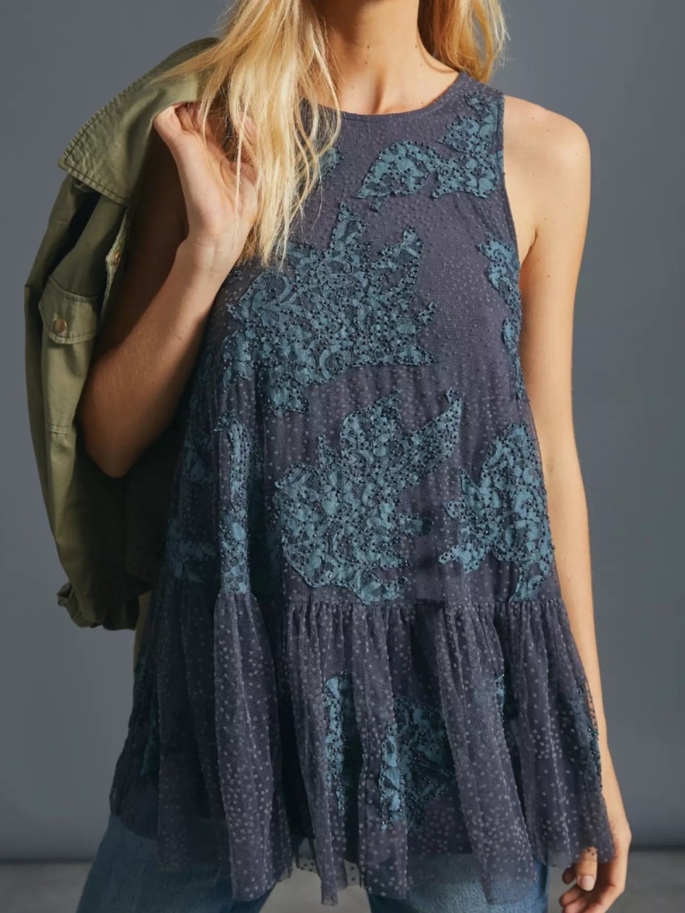 Anthropologie Sleeveless Beaded Peplum Top Navy Blue Sheer Floral NWT XS